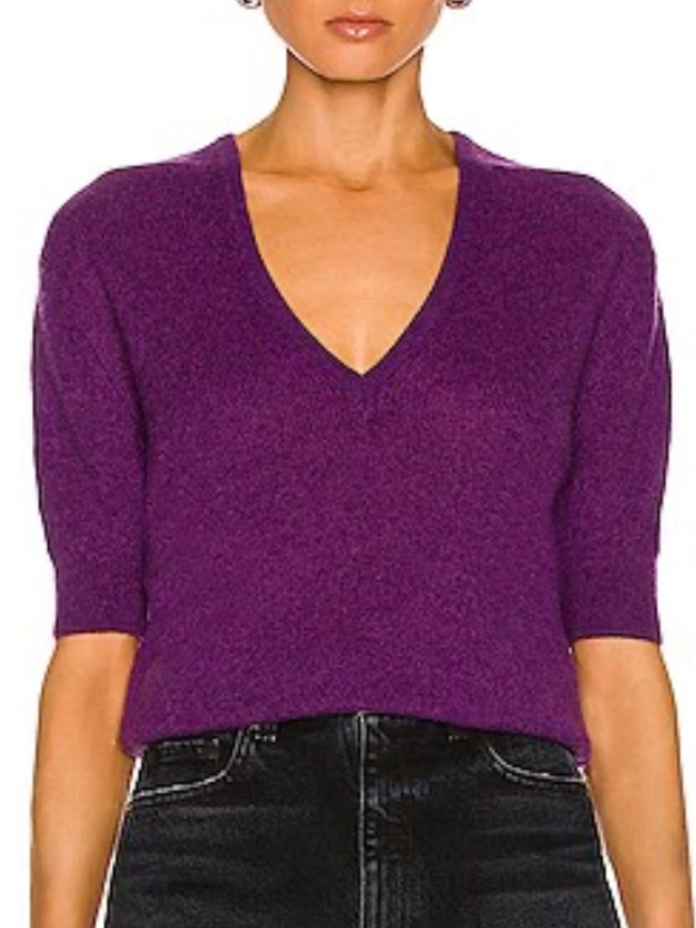 KHAITE Purple 95% Cashmere V-Neck Short Sleeve Sweater M